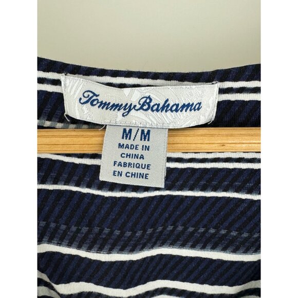 Size Medium TOMMY BAHAMA ANOCHE SLEEVELESS‎ NAVY STRIPED SHARKBITE MAXI DRESS - Picture 5 of 11